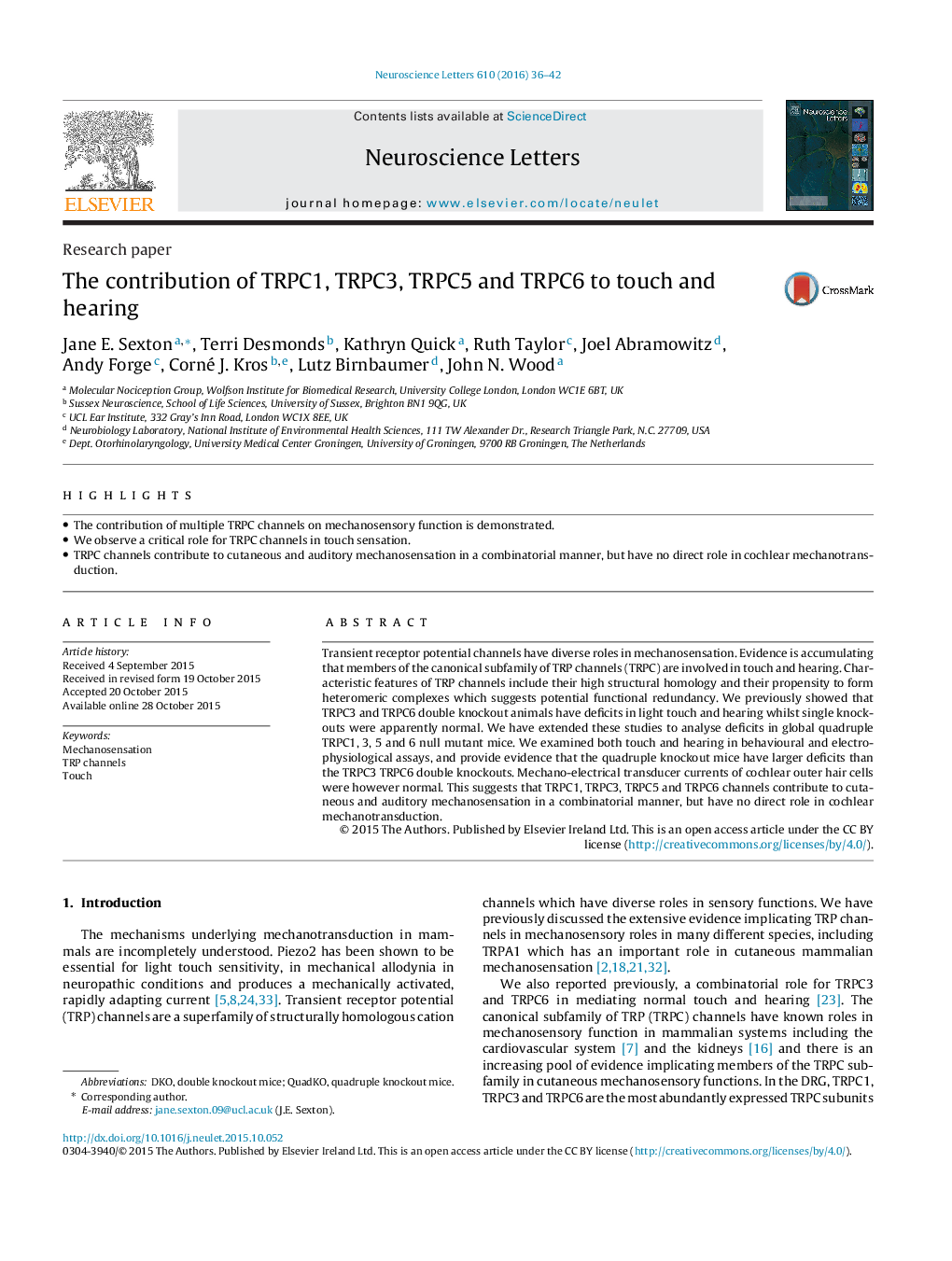 The contribution of TRPC1, TRPC3, TRPC5 and TRPC6 to touch and hearing