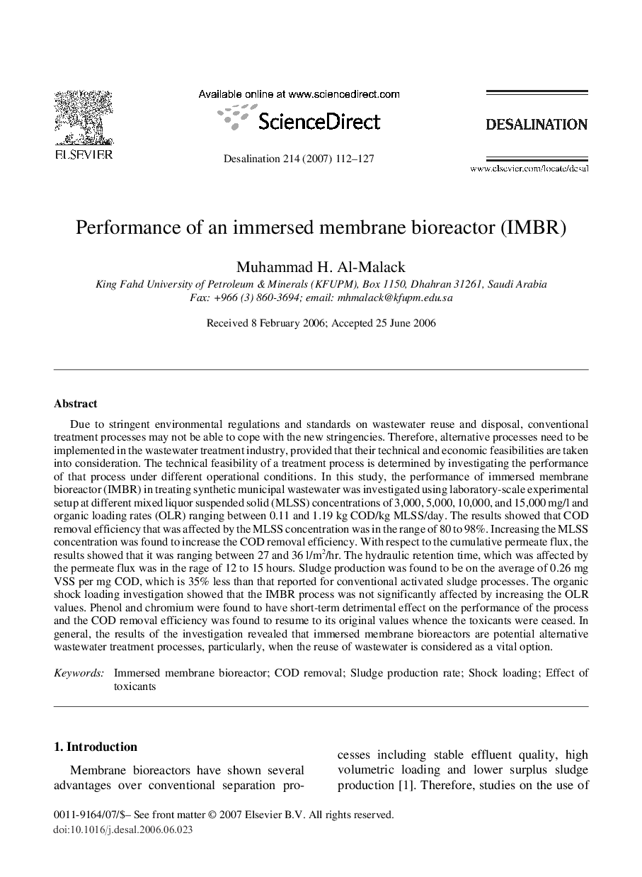 Performance of an immersed membrane bioreactor (IMBR)