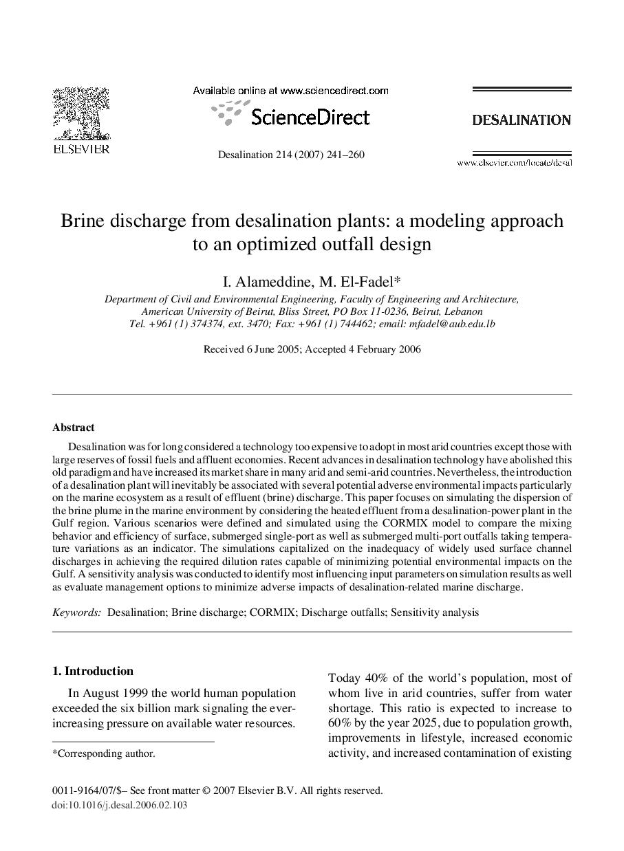 Brine discharge from desalination plants: a modeling approach to an optimized outfall design