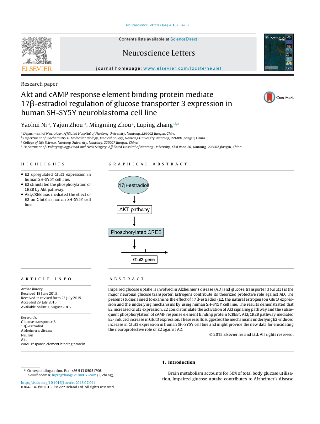 Akt and cAMP response element binding protein mediate 17Î²-estradiol regulation of glucose transporter 3 expression in human SH-SY5Y neuroblastoma cell line