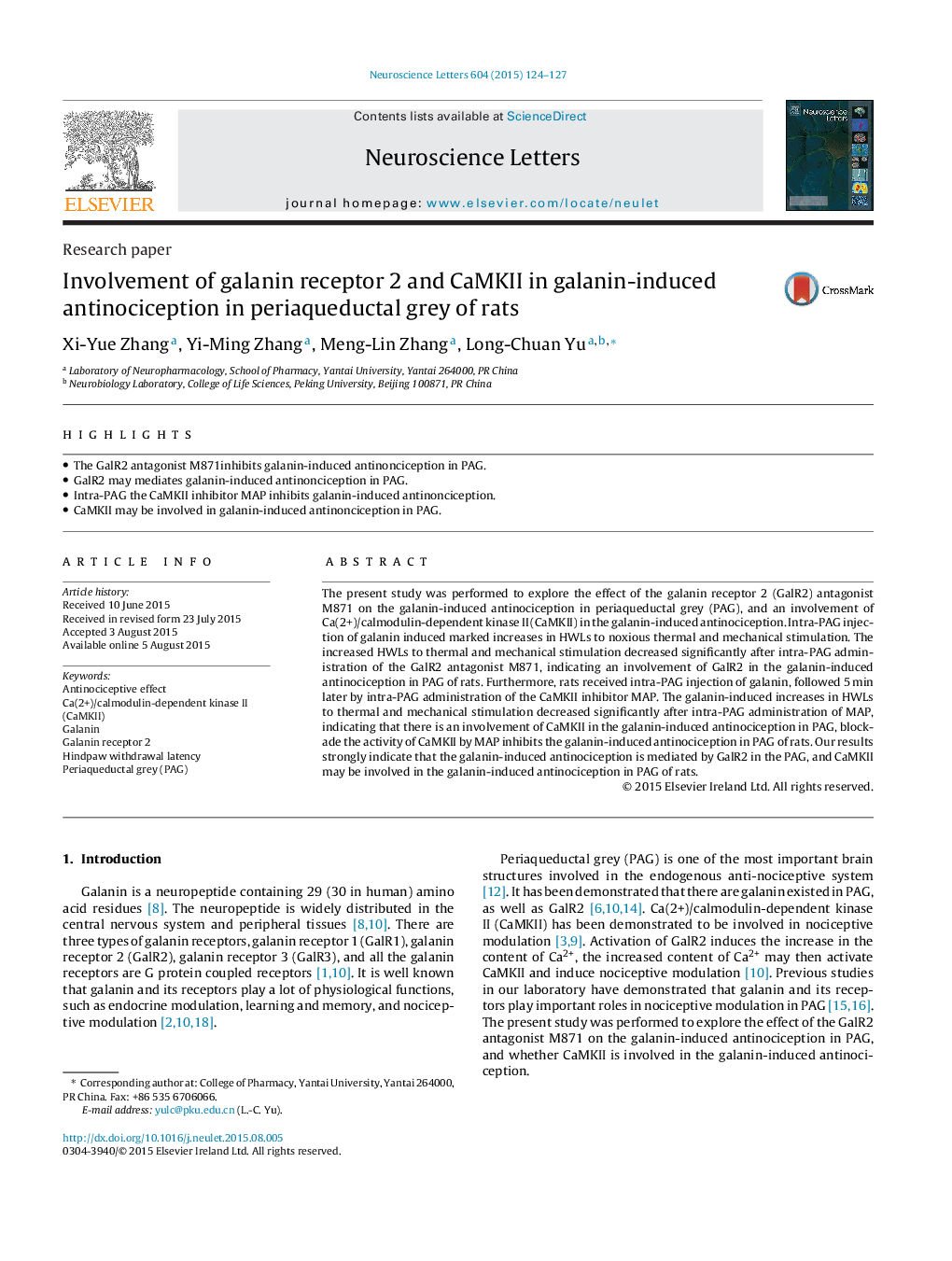 Involvement of galanin receptor 2 and CaMKII in galanin-induced antinociception in periaqueductal grey of rats