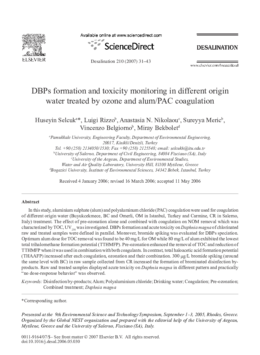 DBPs formation and toxicity monitoring in different origin water treated by ozone and alum/PAC coagulation