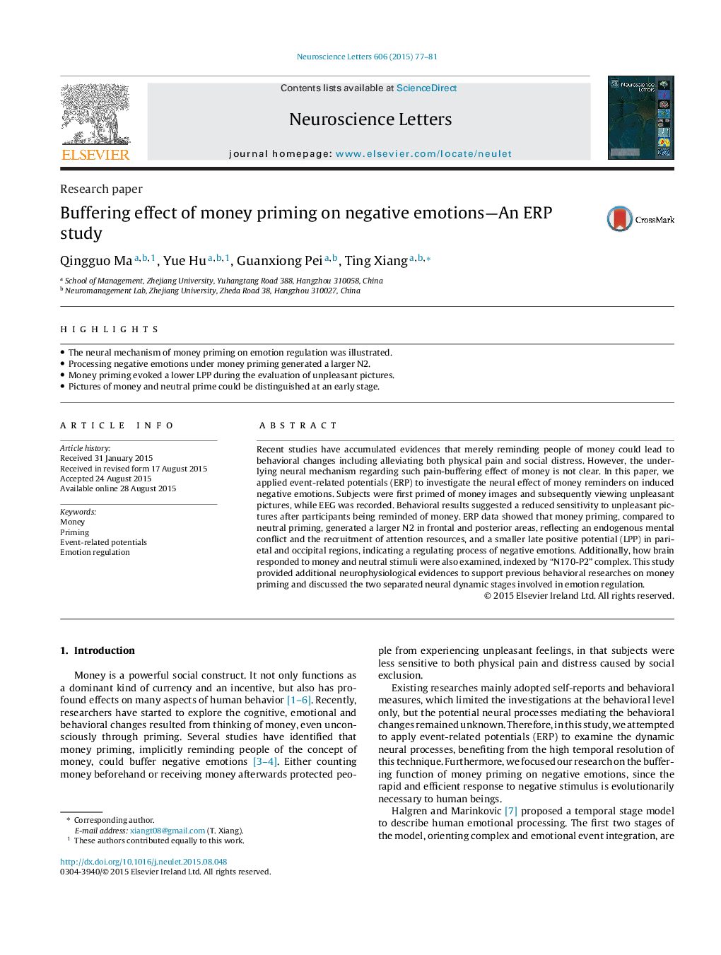 Buffering effect of money priming on negative emotions-An ERP study