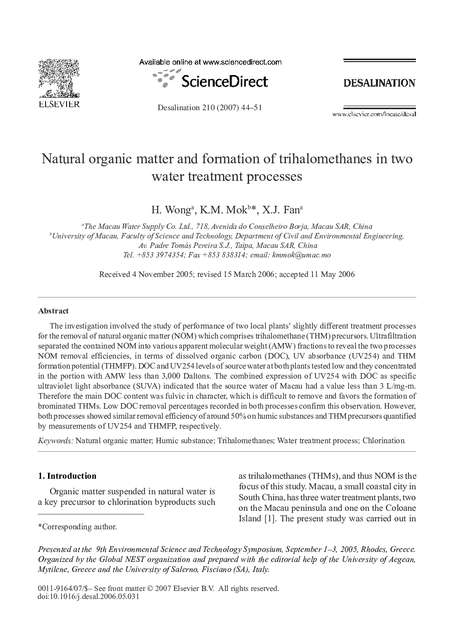 Natural organic matter and formation of trihalomethanes in two water treatment processes