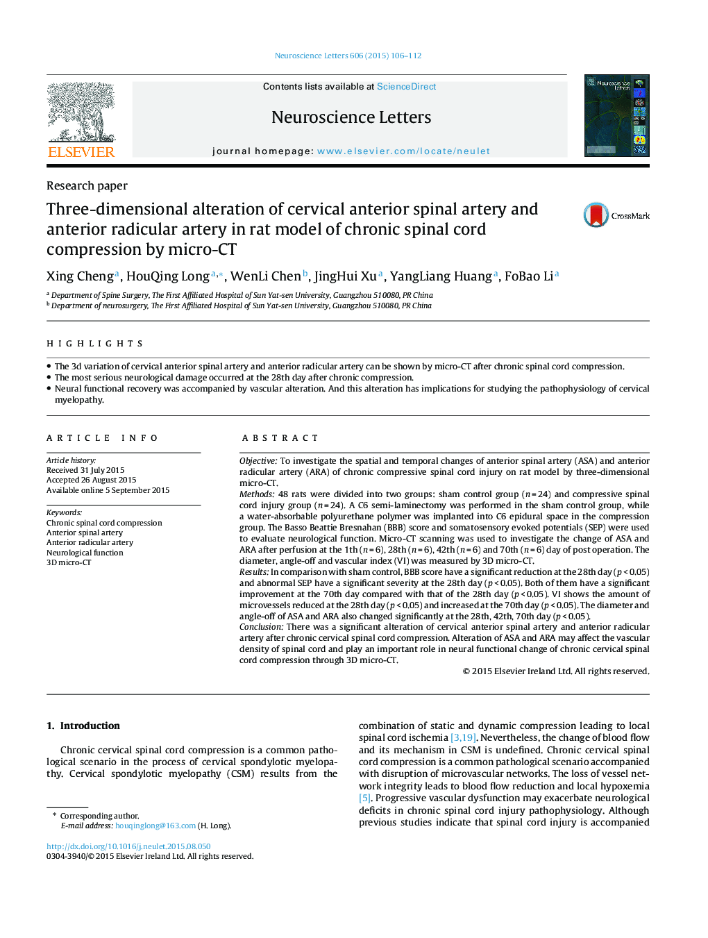 Three-dimensional alteration of cervical anterior spinal artery and anterior radicular artery in rat model of chronic spinal cord compression by micro-CT