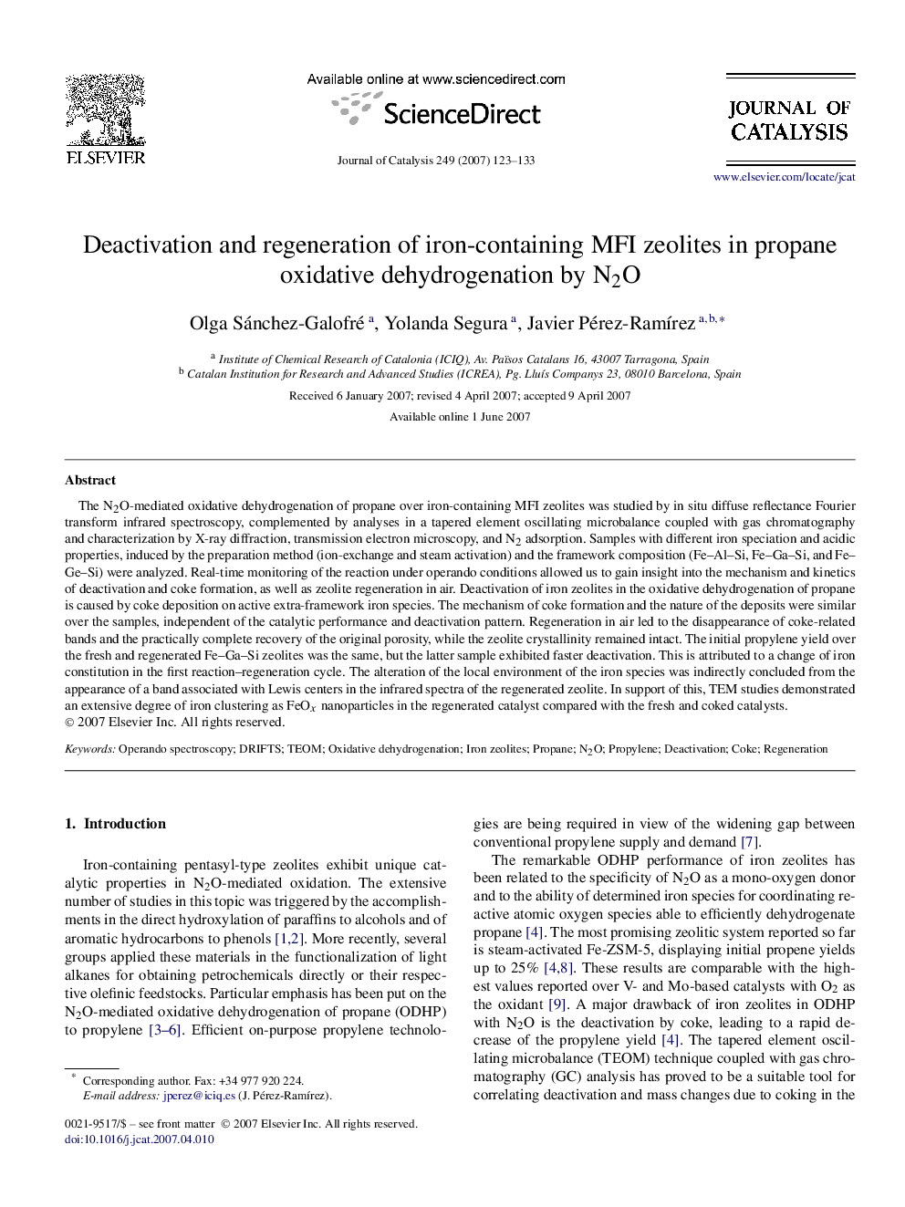 Deactivation and regeneration of iron-containing MFI zeolites in propane oxidative dehydrogenation by N2O