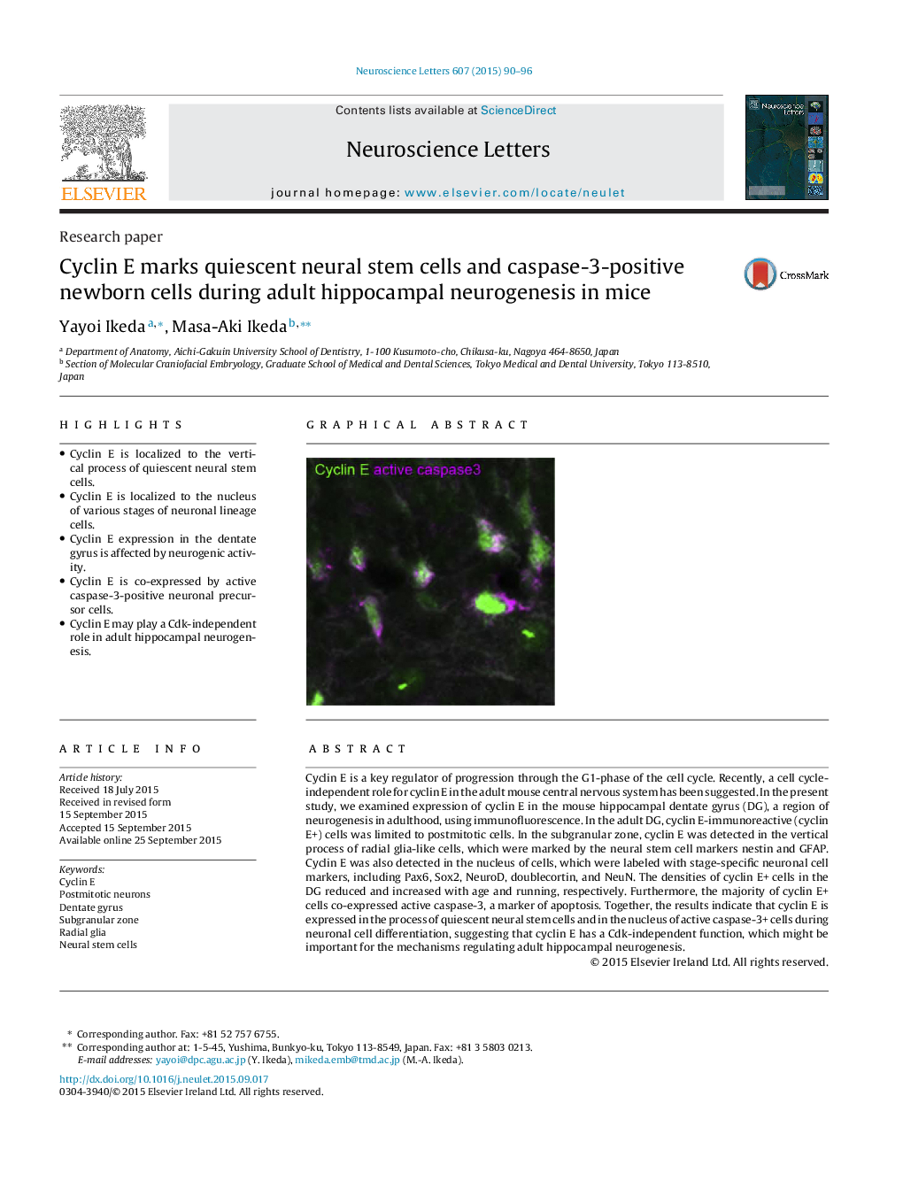 عکس صفحه اول مقاله: Cyclin E marks quiescent neural stem cells and caspase-3-positive newborn cells during adult hippocampal neurogenesis in mice Cyclin E marks quiescent neural stem cells and caspase-3-positive newborn cells during adult hippocampal neurogenesis in mice