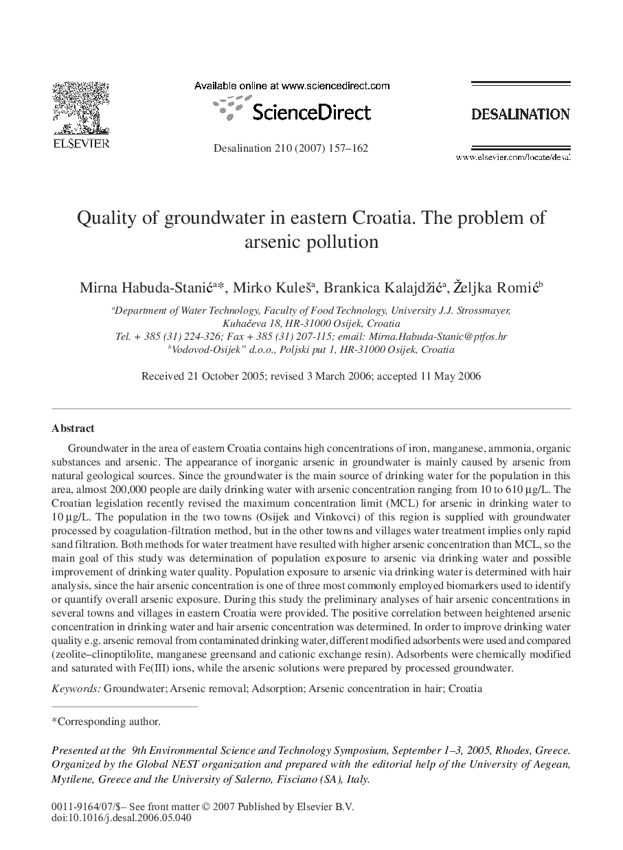 Quality of groundwater in eastern Croatia. The problem of arsenic pollution