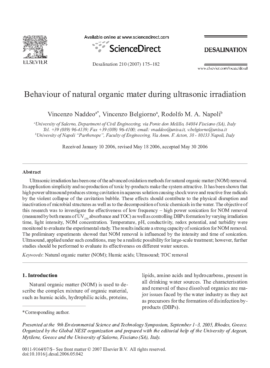 Behaviour of natural organic mater during ultrasonic irradiation