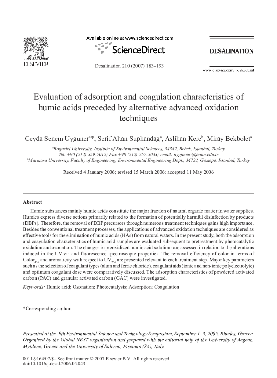 Evaluation of adsorption and coagulation characteristics of humic acids preceded by alternative advanced oxidation techniques