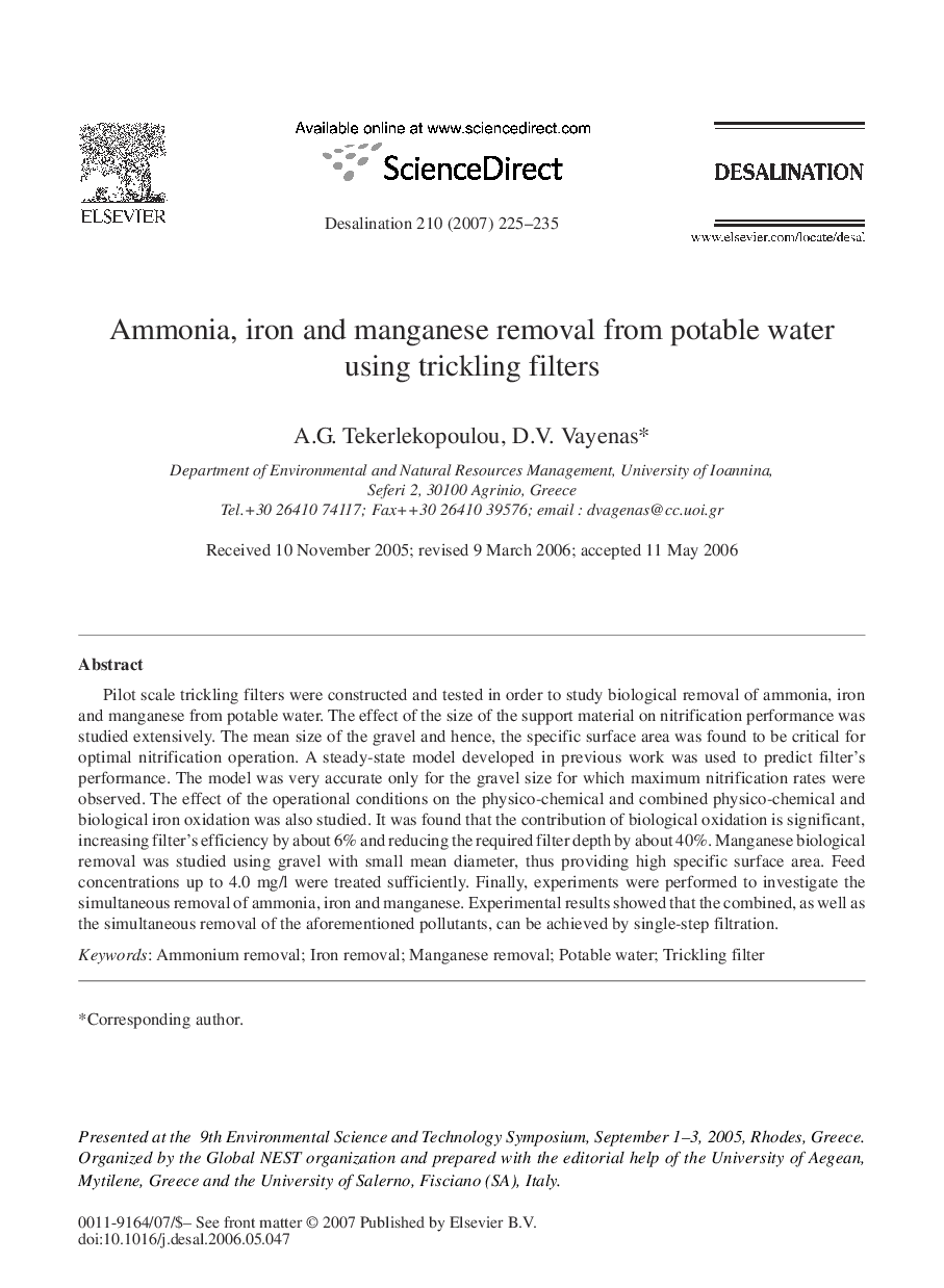 Ammonia, iron and manganese removal from potable water using trickling filters