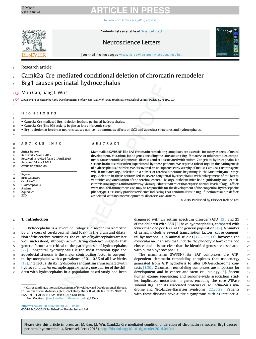 Camk2a-Cre-mediated conditional deletion of chromatin remodeler Brg1 causes perinatal hydrocephalus