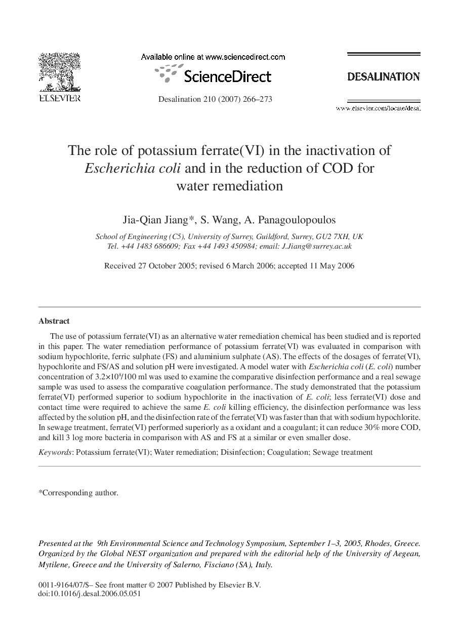 عکس صفحه اول مقاله: The role of potassium ferrate(VI) in the inactivation of Escherichia coli and in the reduction of COD for water remediation The role of potassium ferrate(VI) in the inactivation of Escherichia coli and in the reduction of COD for water remediation