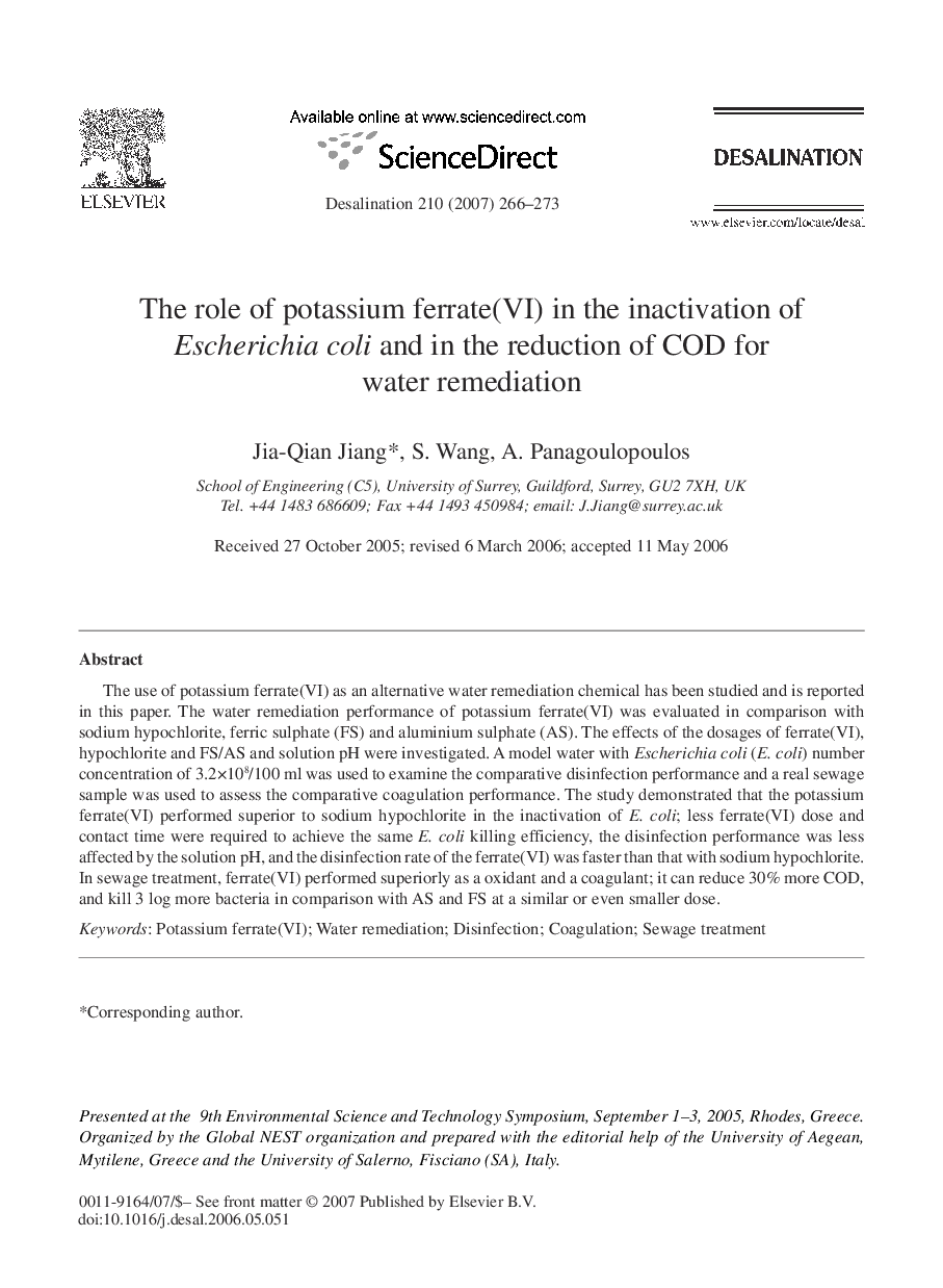 The role of potassium ferrate(VI) in the inactivation of Escherichia coli and in the reduction of COD for water remediation