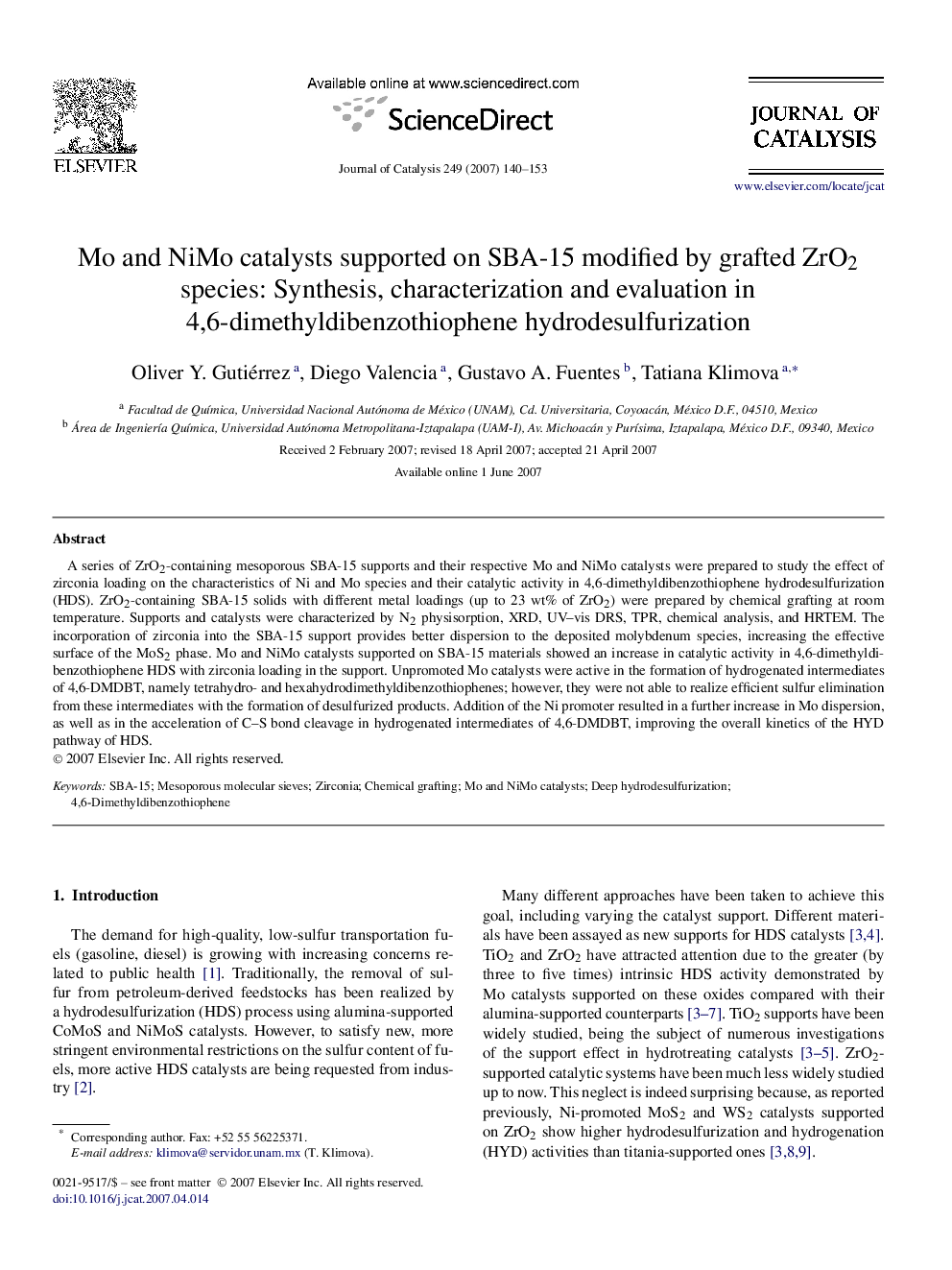 Mo and NiMo catalysts supported on SBA-15 modified by grafted ZrO2 species: Synthesis, characterization and evaluation in 4,6-dimethyldibenzothiophene hydrodesulfurization