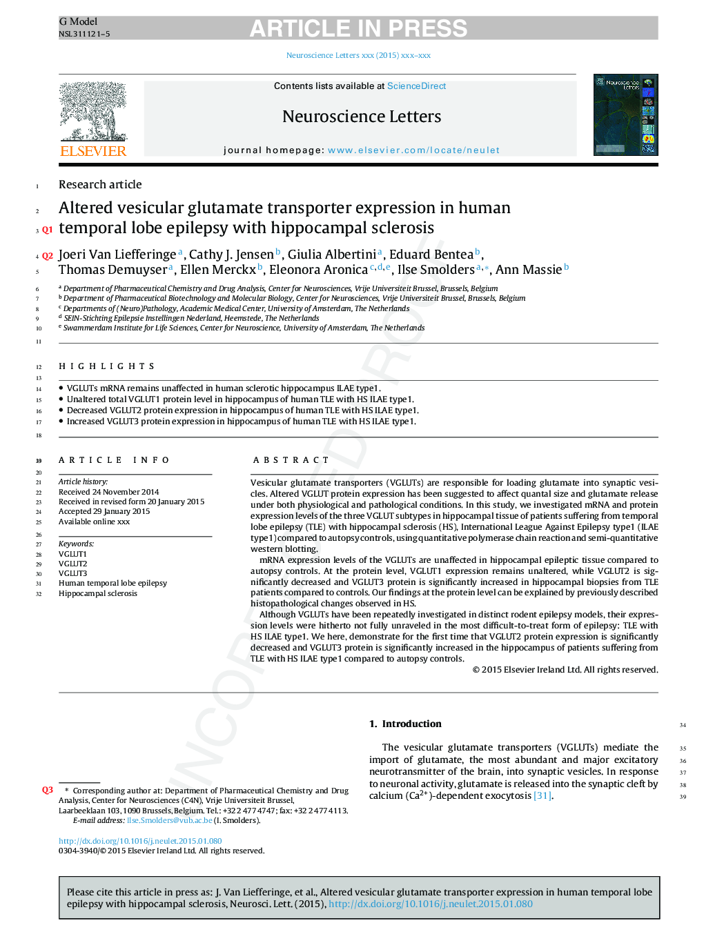 Altered vesicular glutamate transporter expression in human temporal lobe epilepsy with hippocampal sclerosis