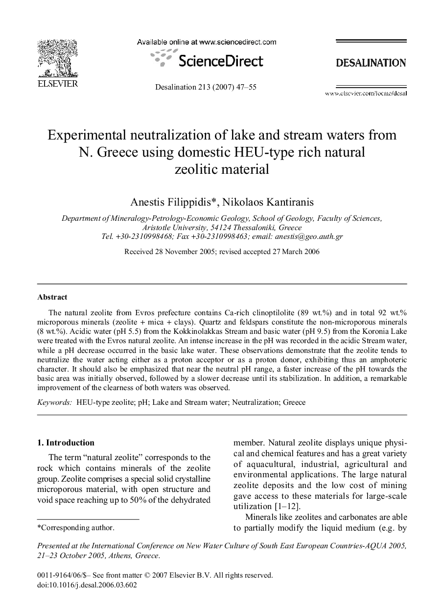 Experimental neutralization of lake and stream waters from N. Greece using domestic HEU-type rich natural zeolitic material