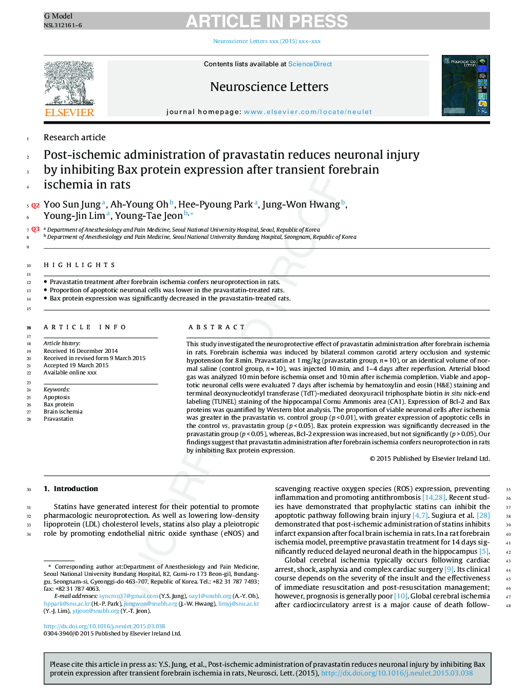 Post-ischemic administration of pravastatin reduces neuronal injury by inhibiting Bax protein expression after transient forebrain ischemia in rats