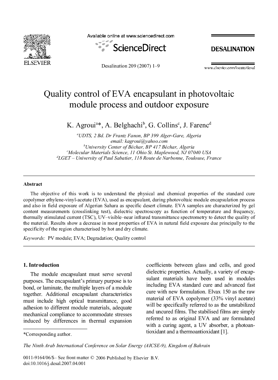 Quality control of EVA encapsulant in photovoltaic module process and outdoor exposure