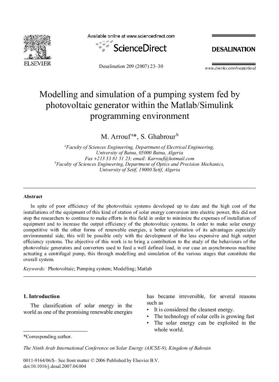 Modelling and simulation of a pumping system fed by photovoltaic generator within the Matlab/Simulink programming environment