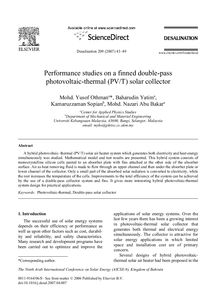 Performance studies on a finned double-pass photovoltaic-thermal (PV/T) solar collector