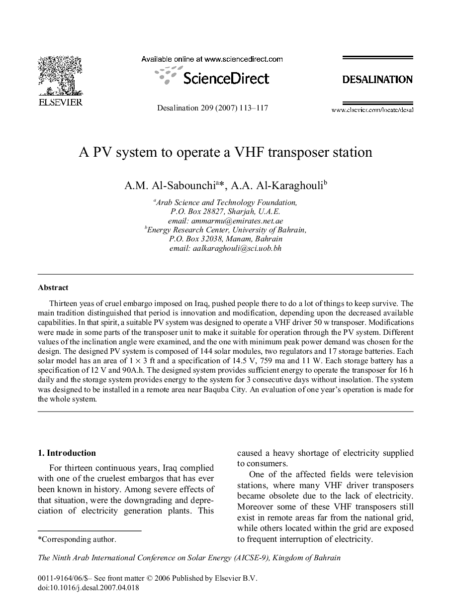 A PV system to operate a VHF transposer station