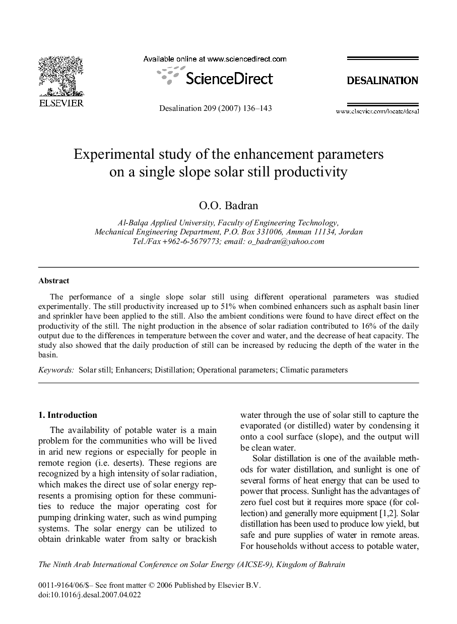 Experimental study of the enhancement parameters on a single slope solar still productivity