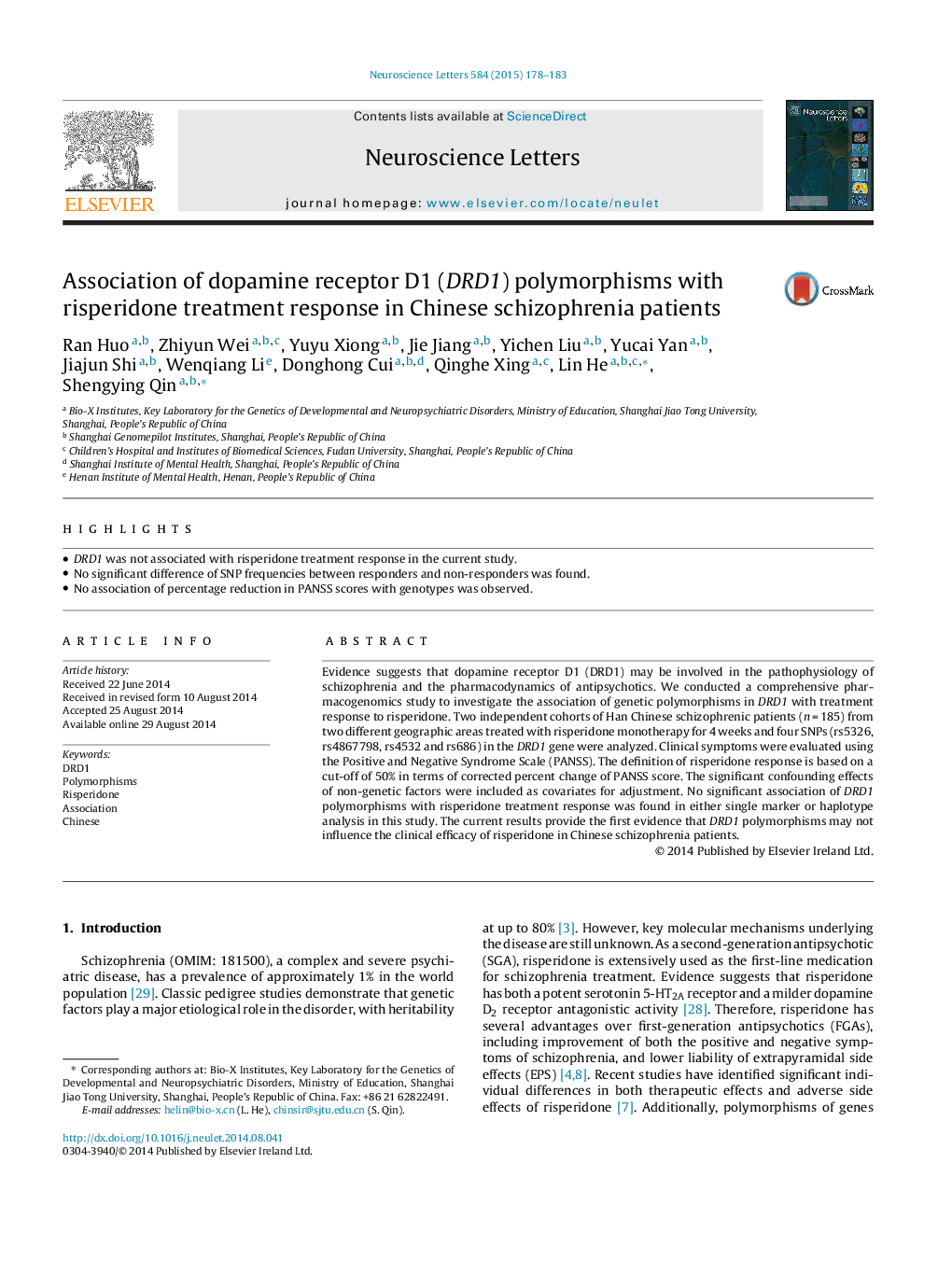 Association of dopamine receptor D1 (DRD1) polymorphisms with risperidone treatment response in Chinese schizophrenia patients