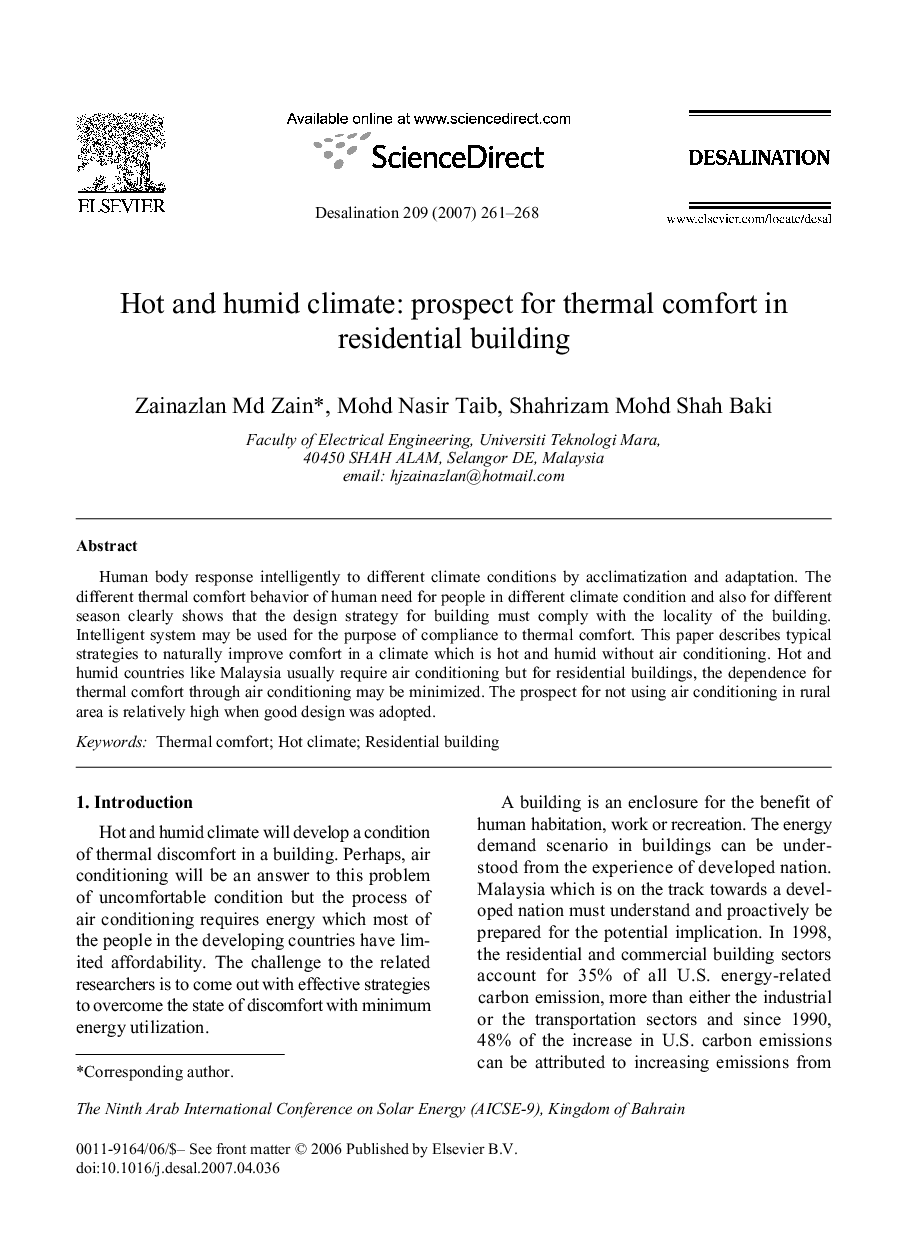 Hot and humid climate: prospect for thermal comfort in residential building