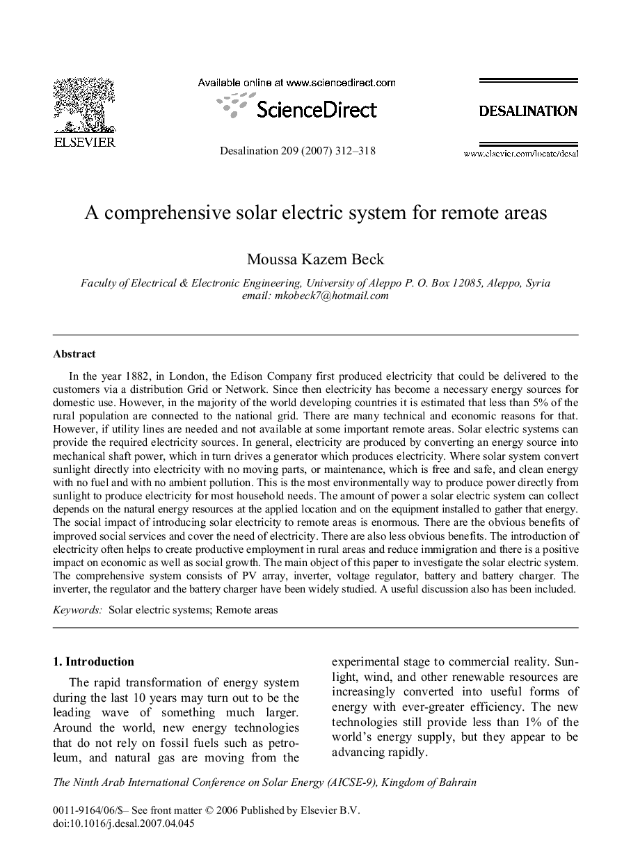 A comprehensive solar electric system for remote areas