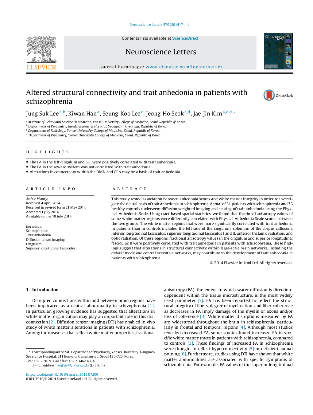 Altered structural connectivity and trait anhedonia in patients with schizophrenia