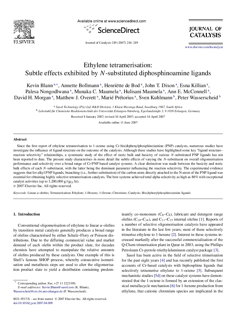 Ethylene tetramerisation: Subtle effects exhibited by N-substituted diphosphinoamine ligands