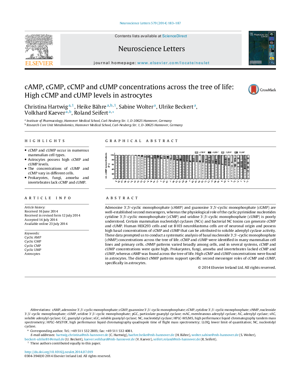 cAMP, cGMP, cCMP and cUMP concentrations across the tree of life: High cCMP and cUMP levels in astrocytes