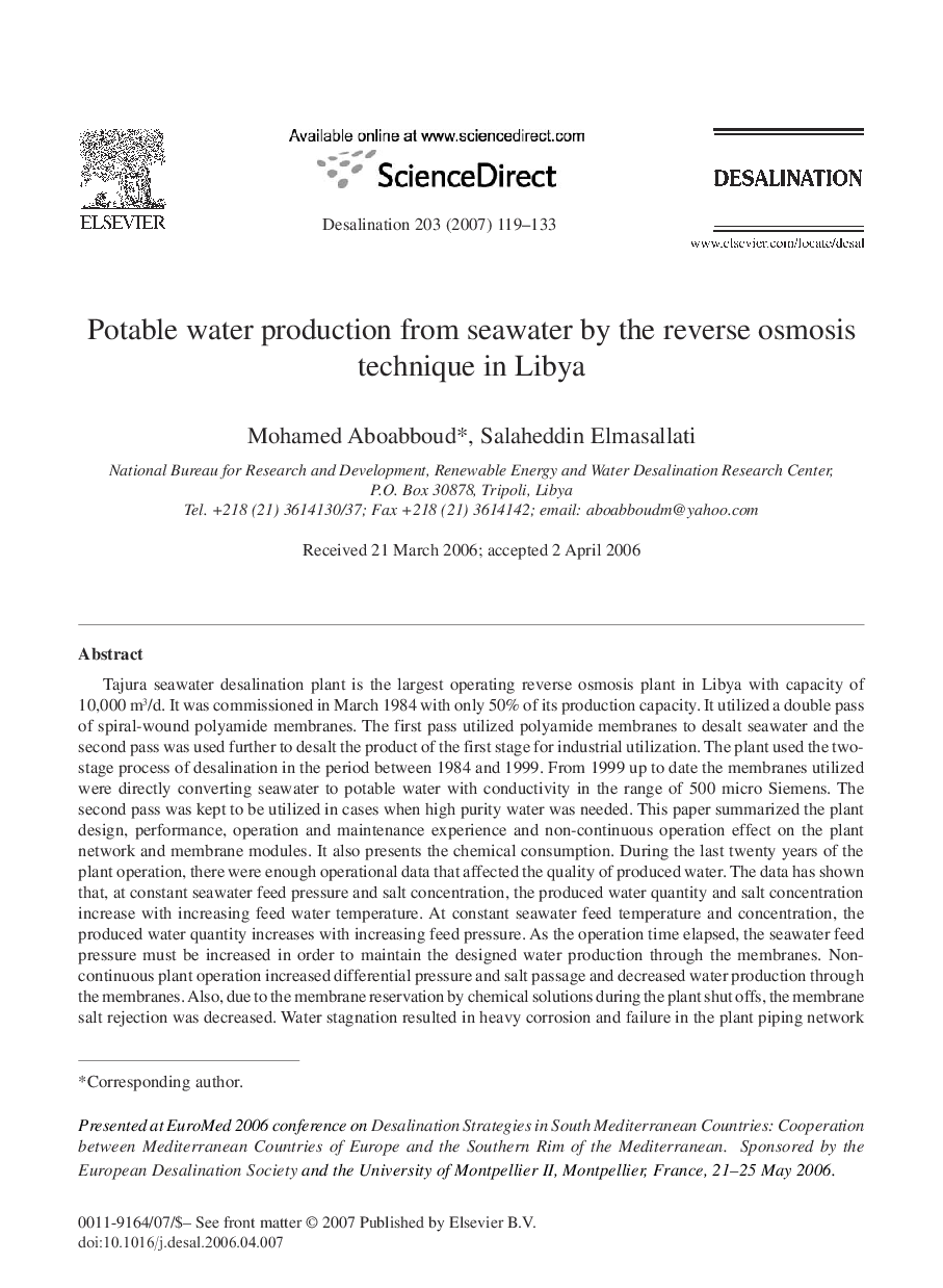 Potable water production from seawater by the reverse osmosis technique in Libya