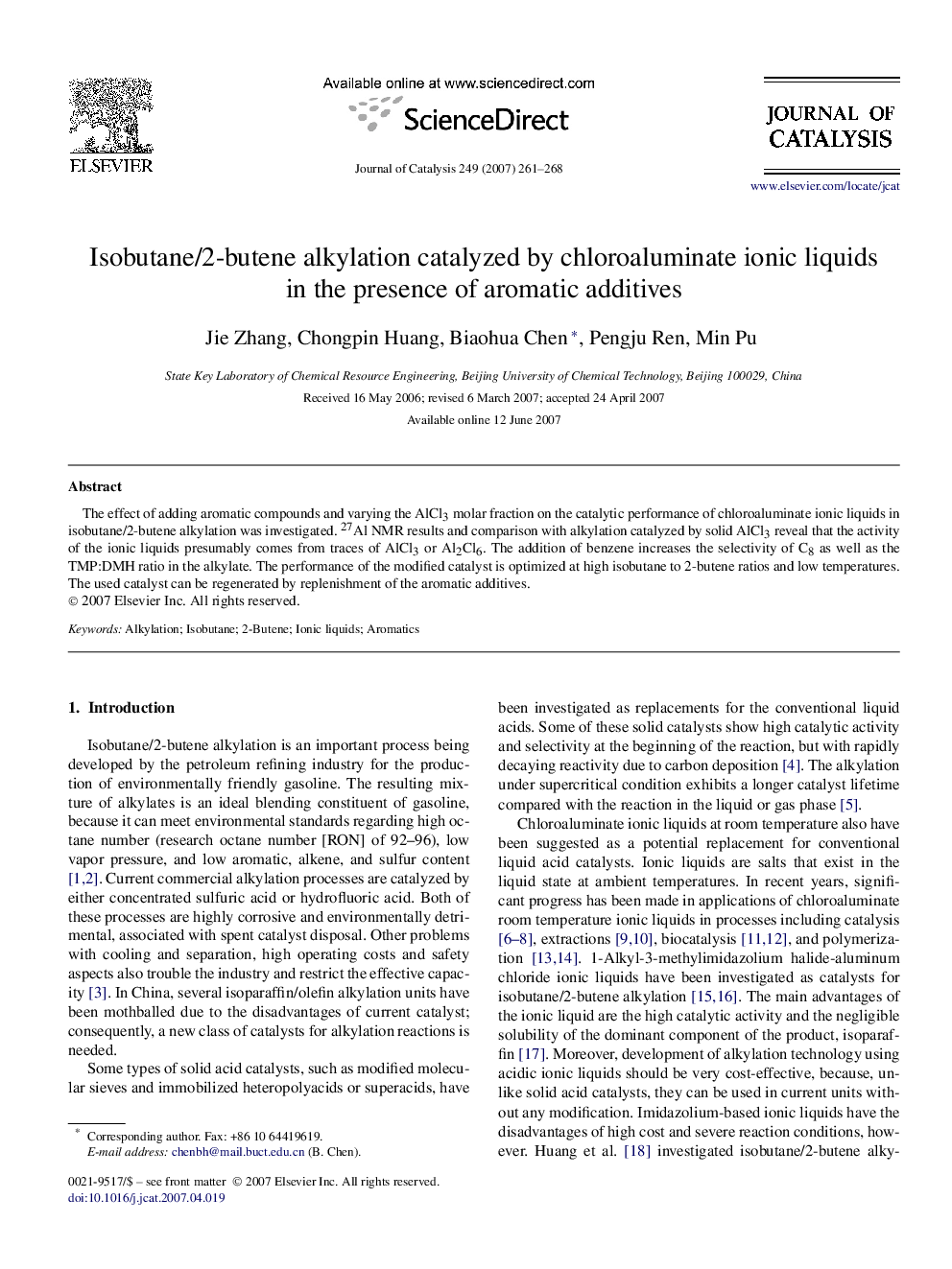 Isobutane/2-butene alkylation catalyzed by chloroaluminate ionic liquids in the presence of aromatic additives