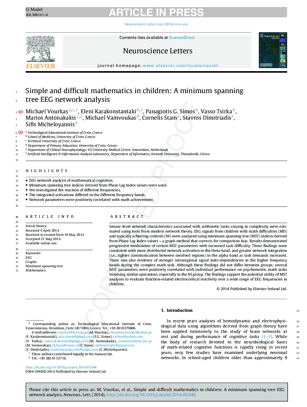 Simple and difficult mathematics in children: A minimum spanning tree EEG network analysis