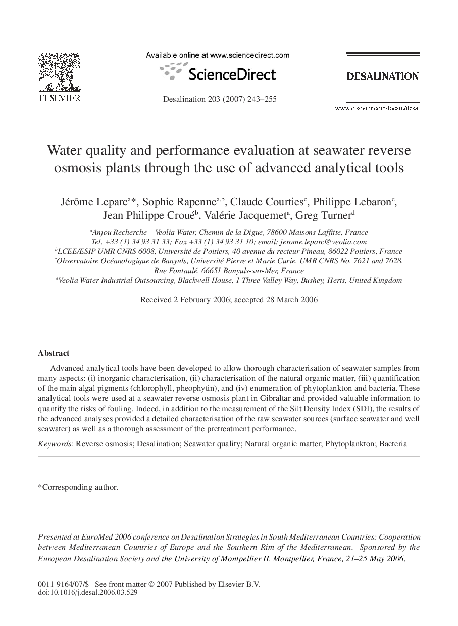 Water quality and performance evaluation at seawater reverse osmosis plants through the use of advanced analytical tools