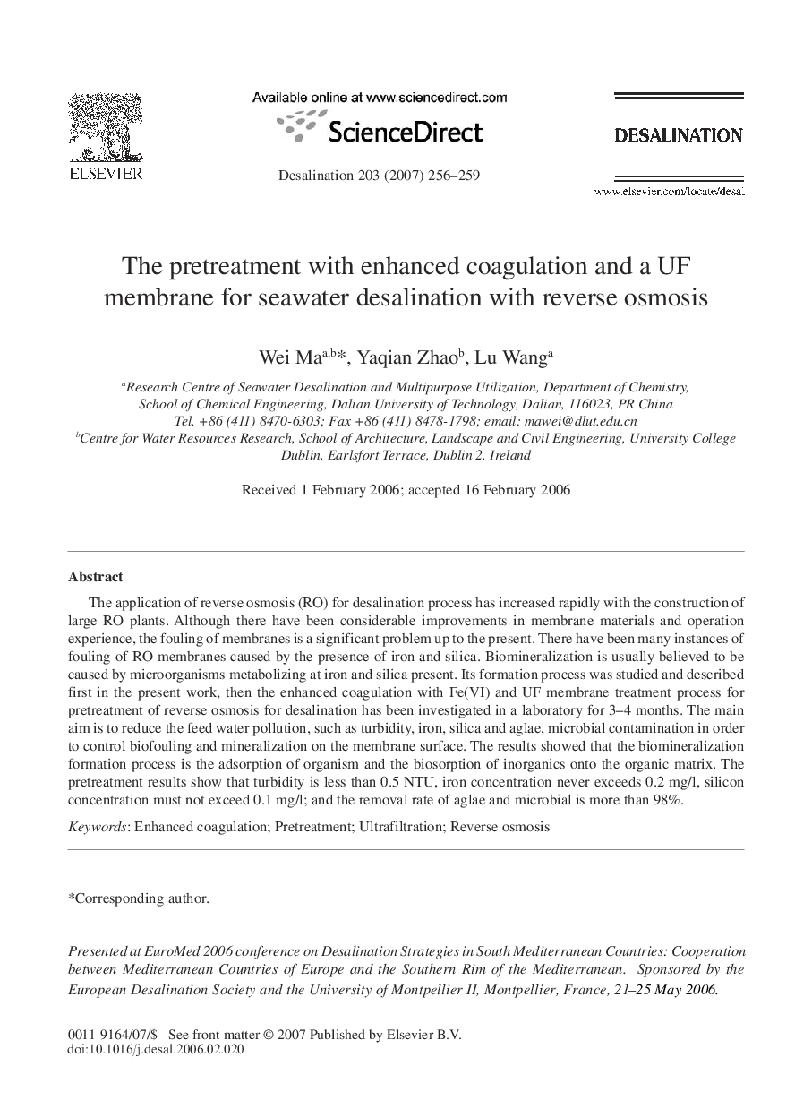 The pretreatment with enhanced coagulation and a UF membrane for seawater desalination with reverse osmosis