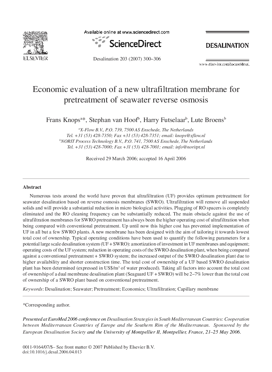 Economic evaluation of a new ultrafiltration membrane for pretreatment of seawater reverse osmosis