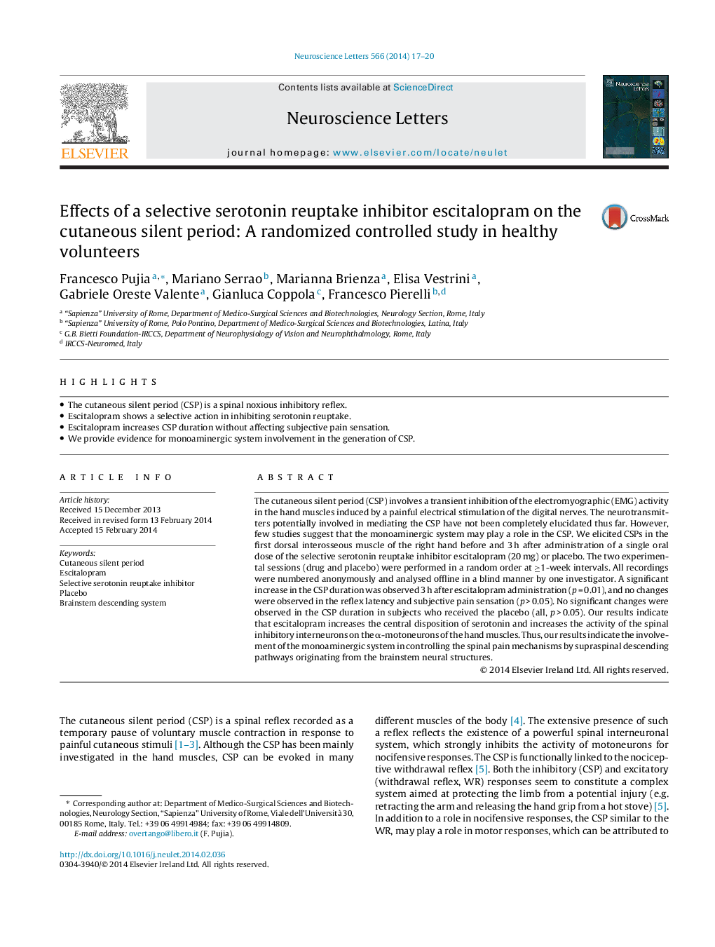 Effects of a selective serotonin reuptake inhibitor escitalopram on the cutaneous silent period: A randomized controlled study in healthy volunteers