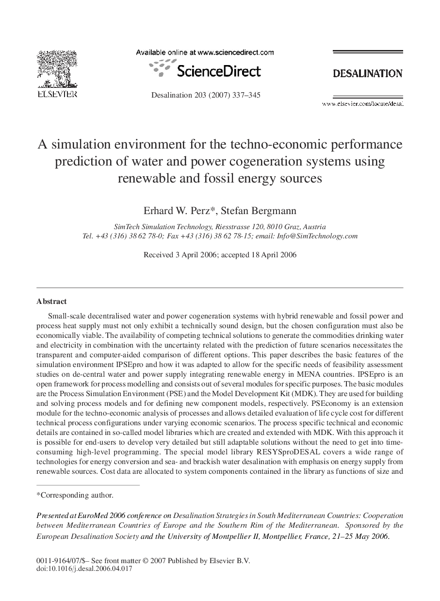 A simulation environment for the techno-economic performance prediction of water and power cogeneration systems using renewable and fossil energy sources