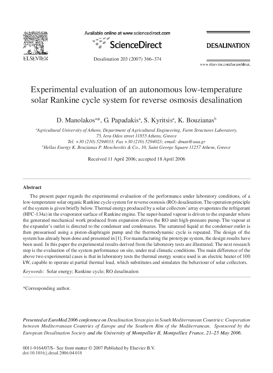 Experimental evaluation of an autonomous low-temperature solar Rankine cycle system for reverse osmosis desalination