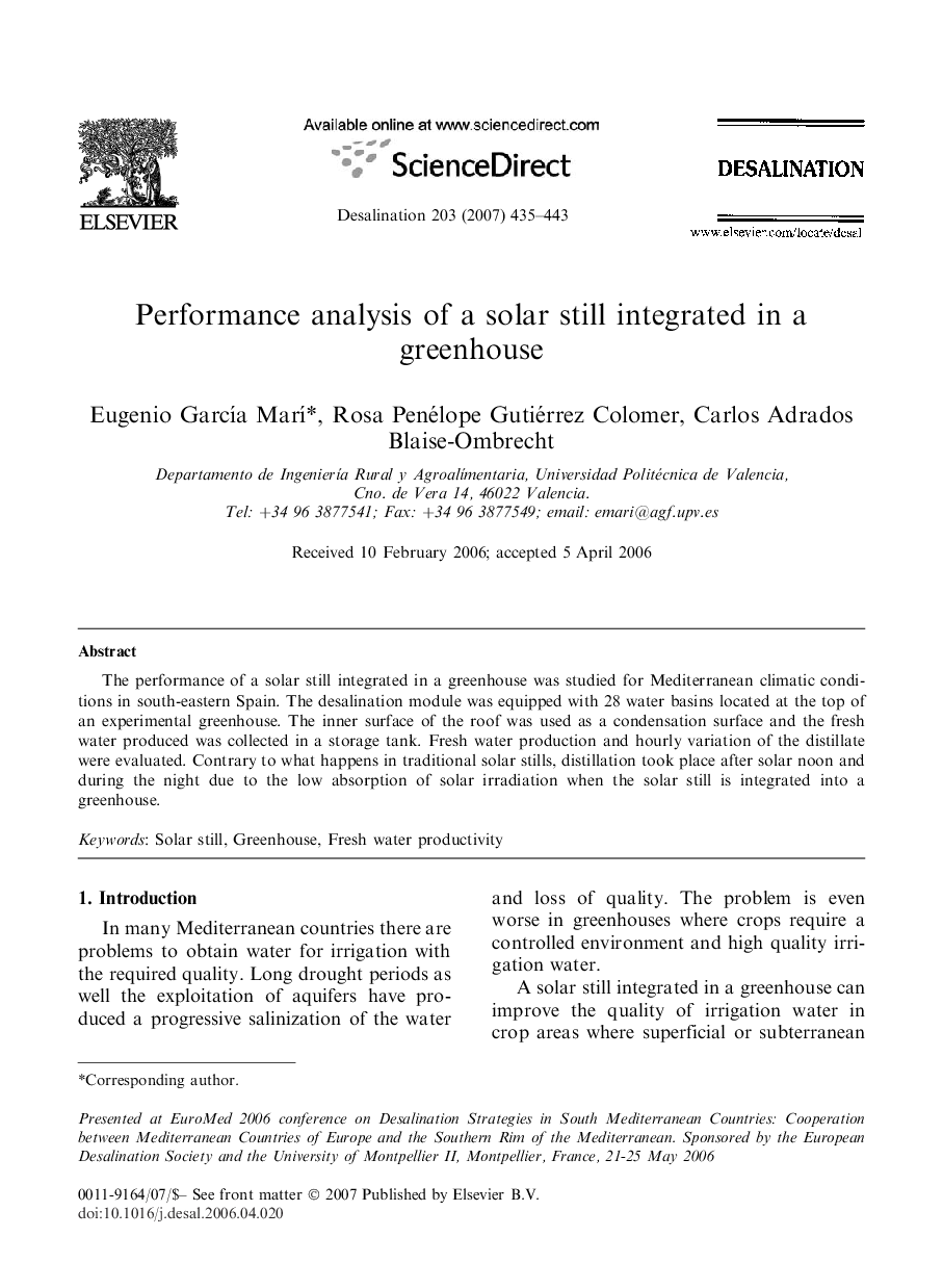 Performance analysis of a solar still integrated in a greenhouse