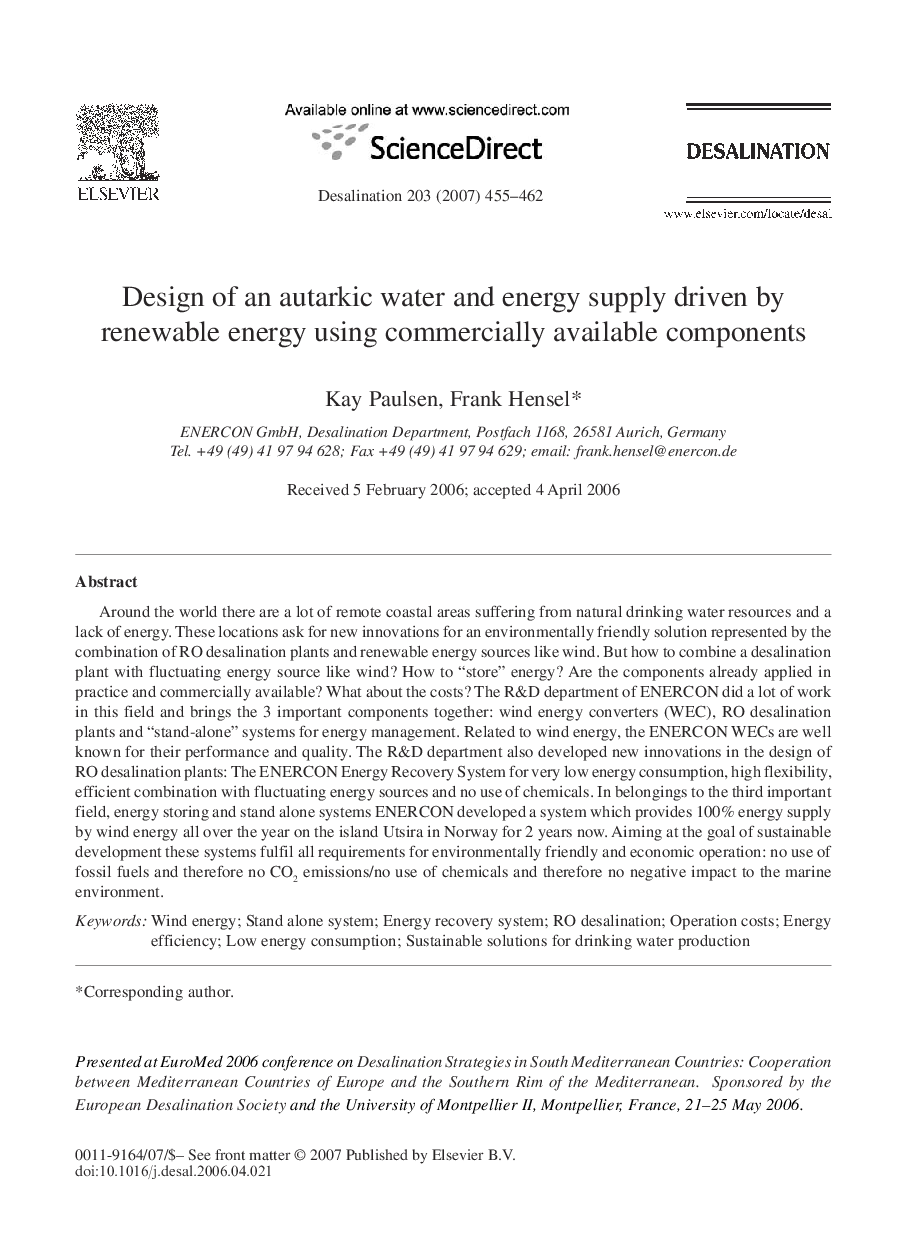 Design of an autarkic water and energy supply driven by renewable energy using commercially available components