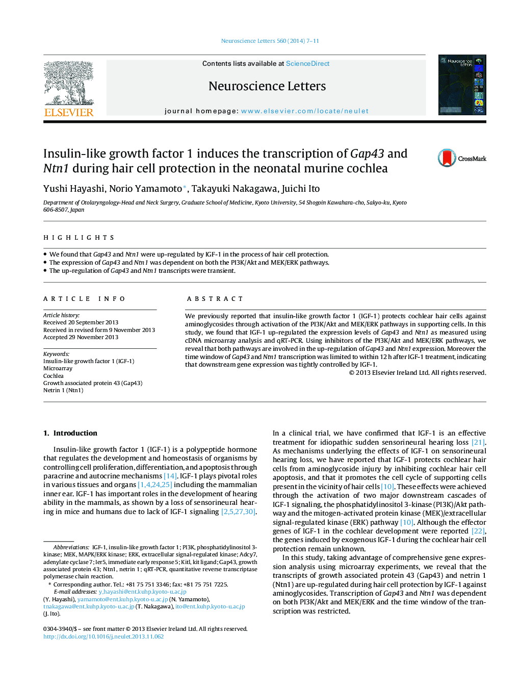 Insulin-like growth factor 1 induces the transcription of Gap43 and Ntn1 during hair cell protection in the neonatal murine cochlea