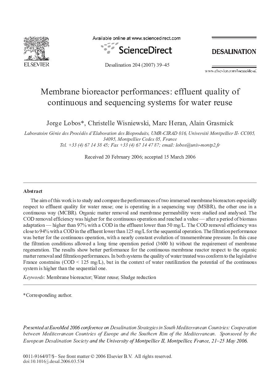 Membrane bioreactor performances: effluent quality ofcontinuous and sequencing systems for water reuse