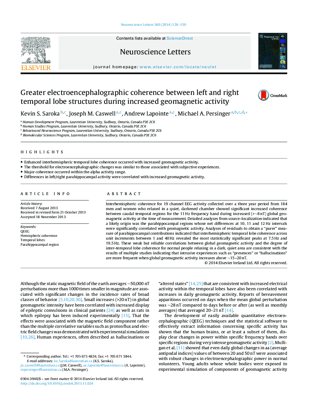 Greater electroencephalographic coherence between left and right temporal lobe structures during increased geomagnetic activity