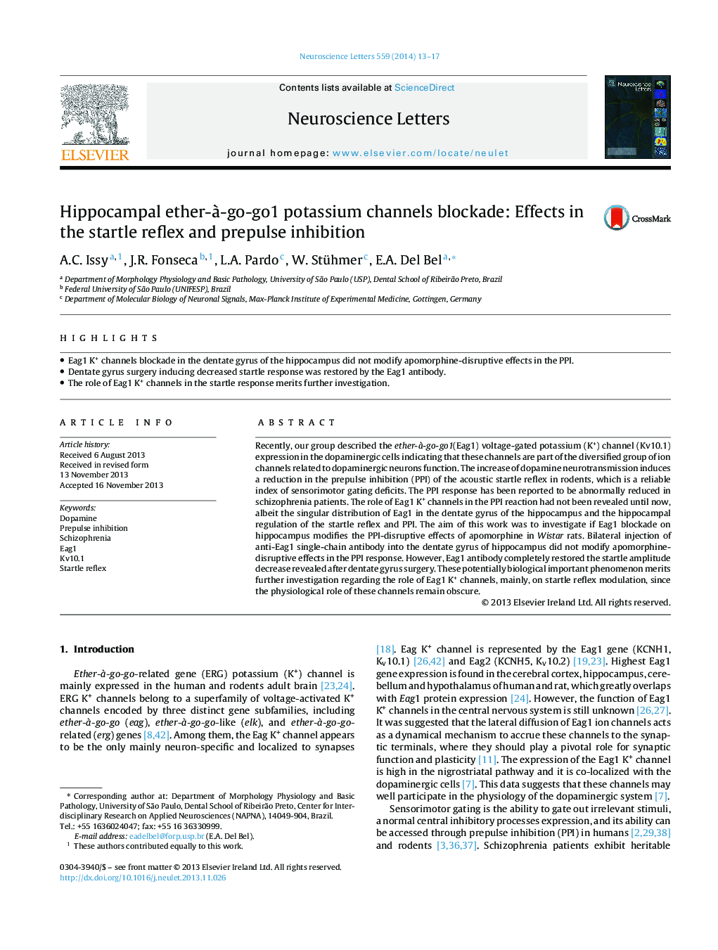 Hippocampal ether-Ã -go-go1 potassium channels blockade: Effects in the startle reflex and prepulse inhibition