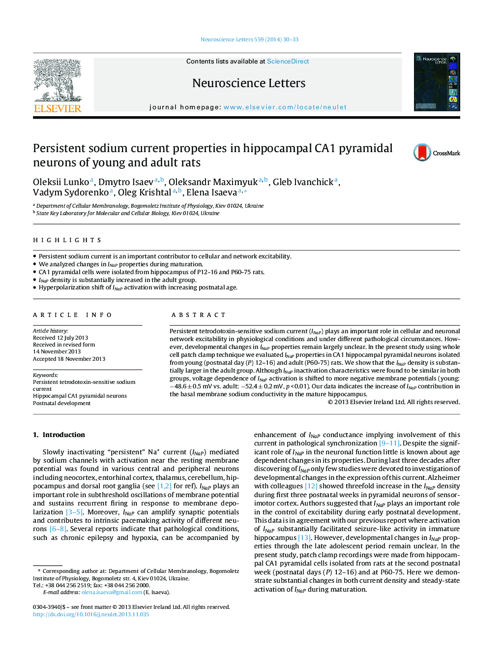 Persistent sodium current properties in hippocampal CA1 pyramidal neurons of young and adult rats