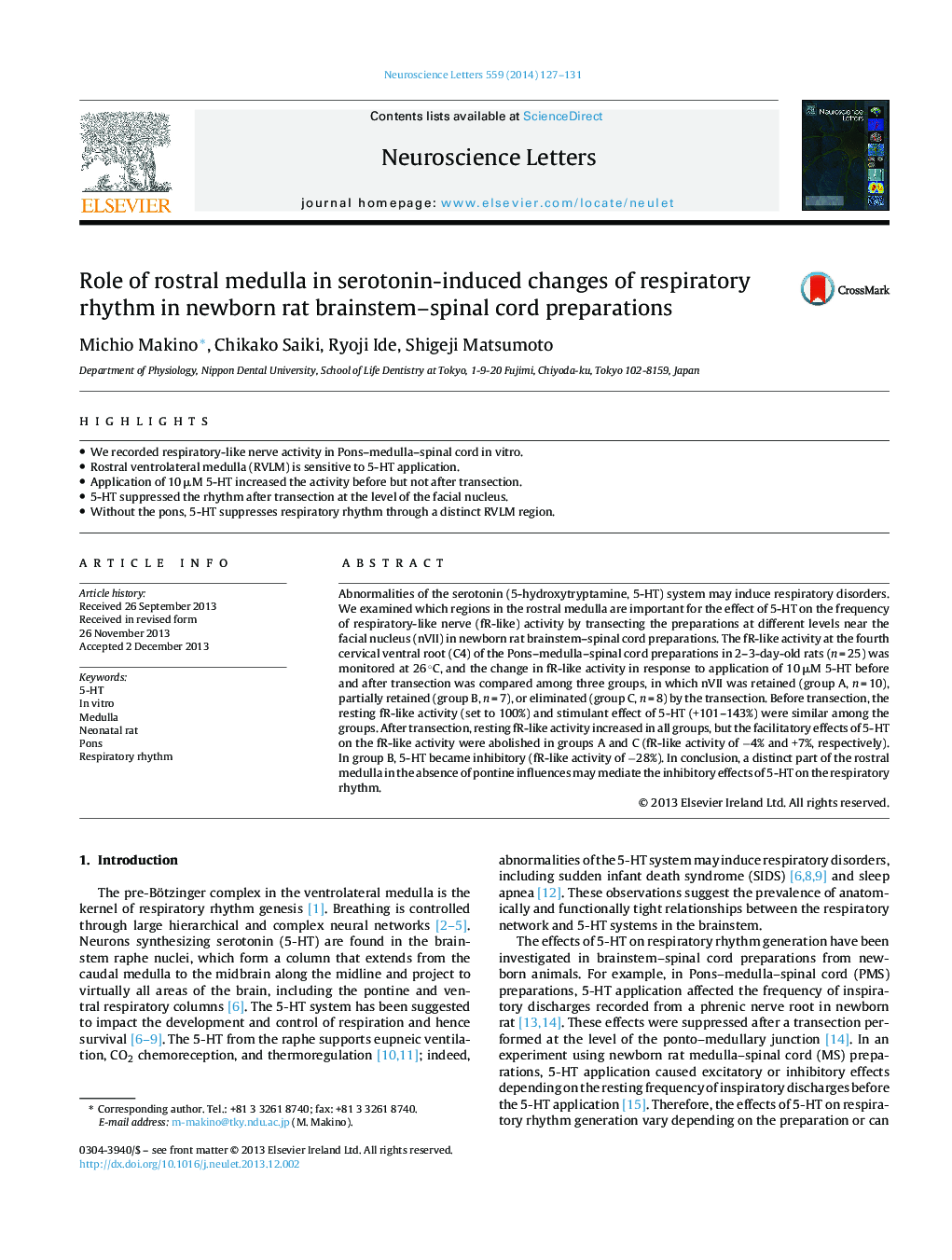 Role of rostral medulla in serotonin-induced changes of respiratory rhythm in newborn rat brainstem-spinal cord preparations